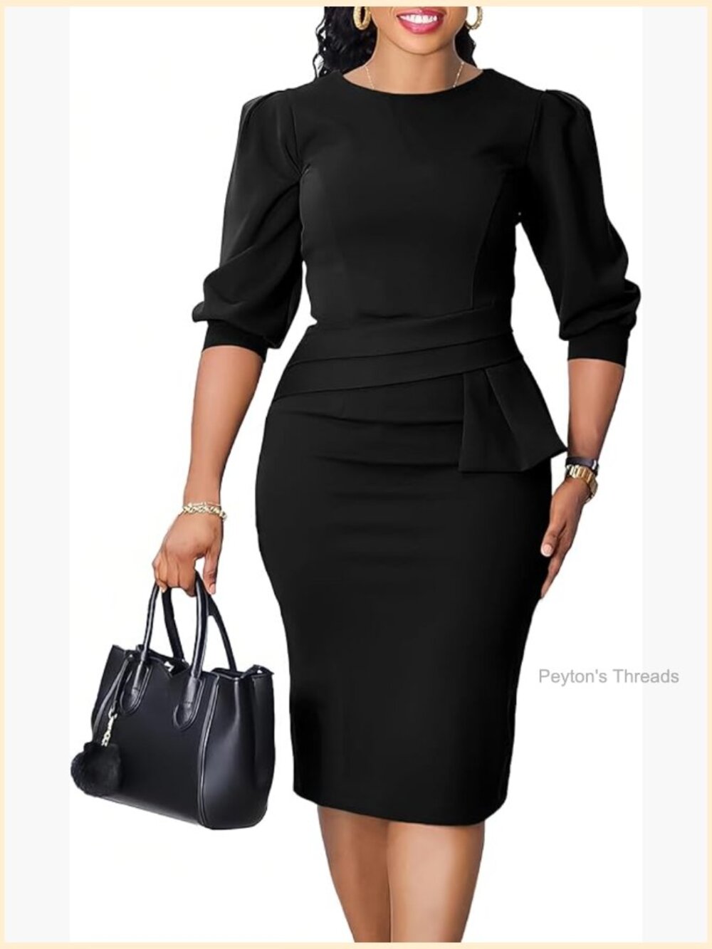 Midi Pencil Dress with Self Tie Waist 3/4 Sleeve Work Office